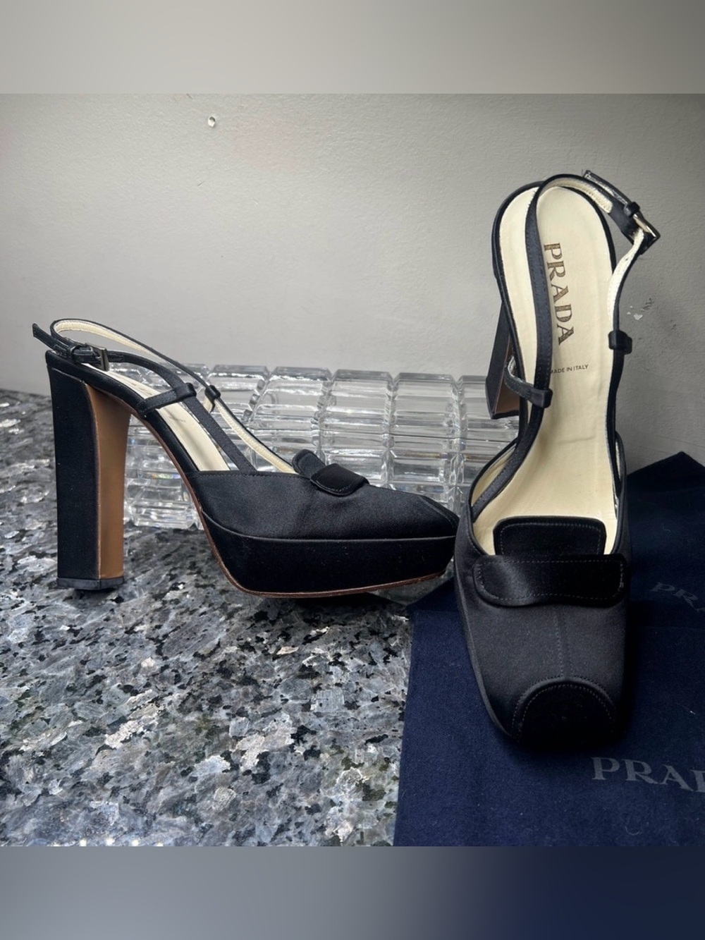 Prada Satin Sz 38 Black 4.5” Wrapped Block Heel Square Toe Slingback Shoes